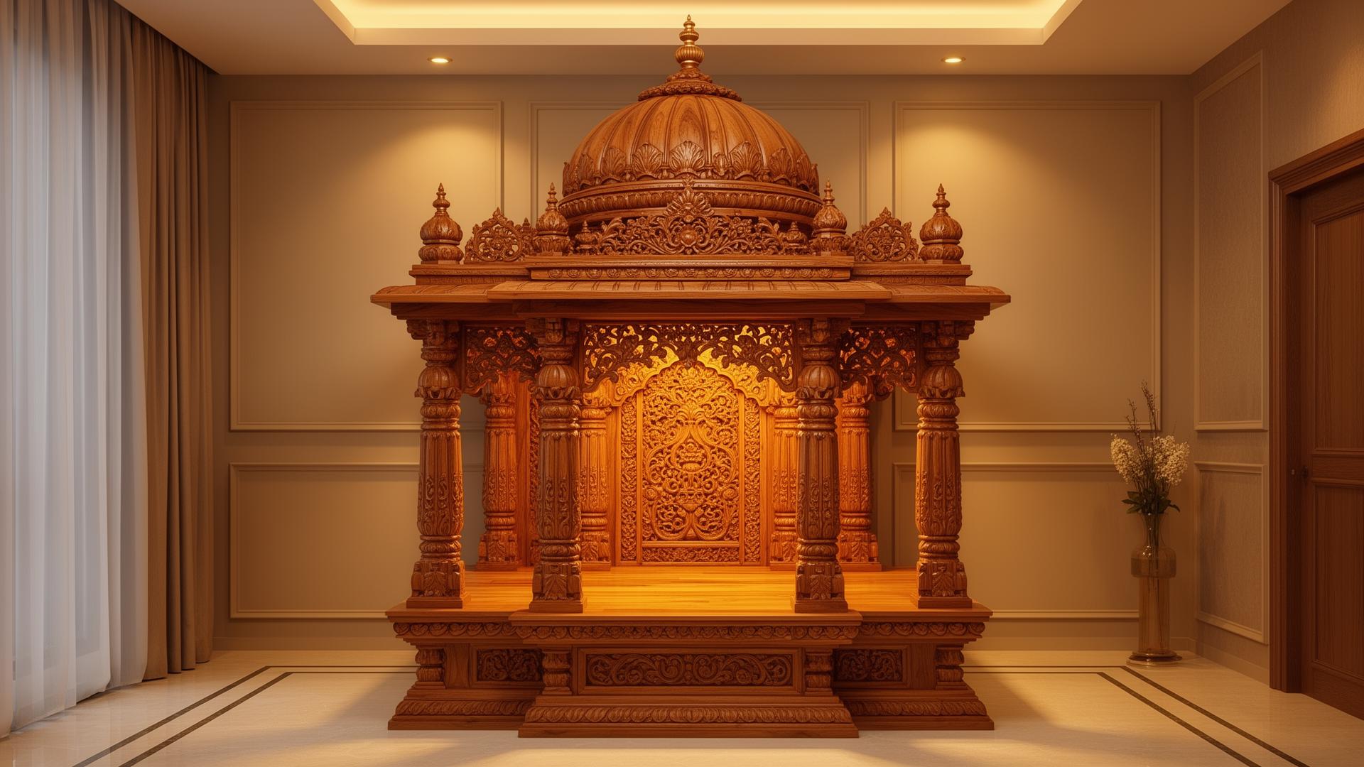 Handcrafted wooden temple with detailed carvings for a home pooja room